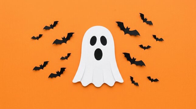 Friendly cartoon ghost with surprised expression surrounded by black bats on orange background