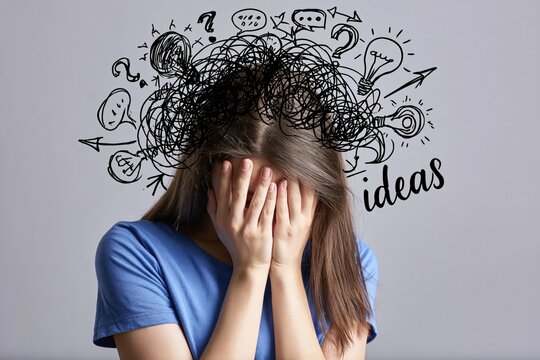 Overwhelmed woman feeling stress and frustration with creative ideas and confusion in her mind
