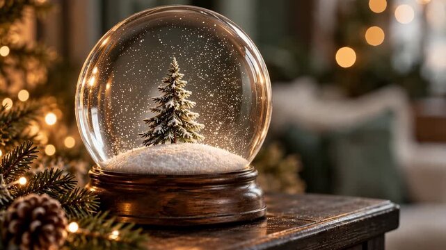 Christmas Snow Globe Pine Tree Background, Cozy Winter Holiday Concept for Seasonal Greeting and Marketing Content