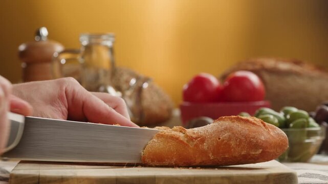 Bread assortment close up, rustic sourdough loaf, whole grain seed bread and baguette on Mediterranean table, knife cutting artisan bread, Italian bakery