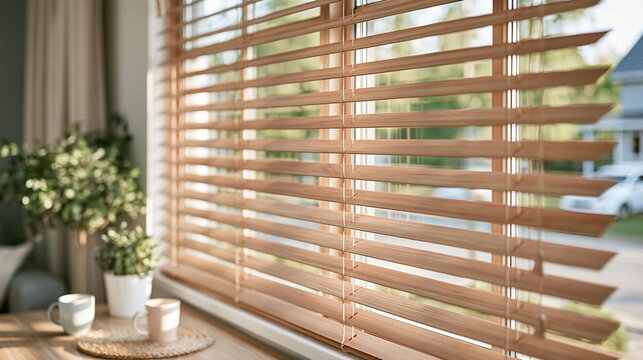 Sunlight Filtering Through Wooden Venetian Window Blinds