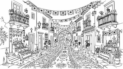 Obraz premium Day of the Dead Street Scene with Ofrendas and Decorations