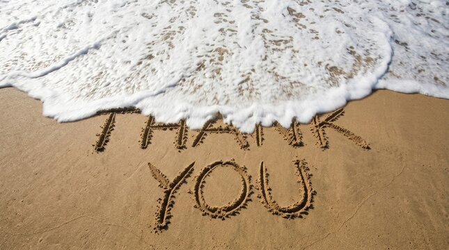 Thank you message written in the sand on a beach with approaching waves