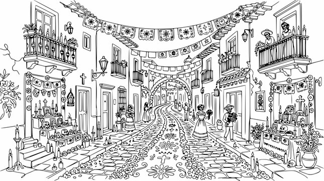 Day of the Dead Street Scene with Ofrendas and Decorations