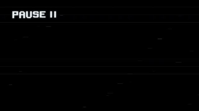 vhs pause screen retro glitch effect on black background for vintage video tape overlay and analog broadcast