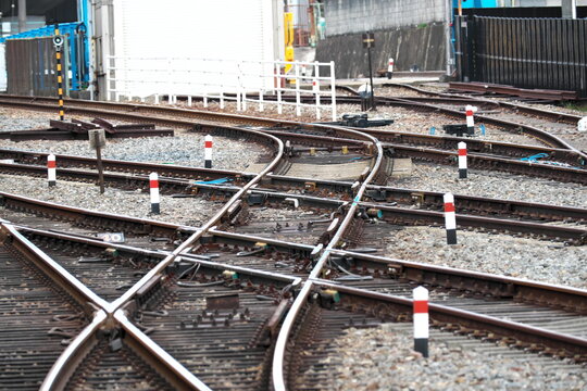 Railroad tracks forming complex switching point, choosing direction