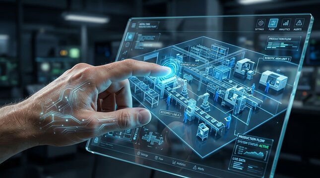 Engineer touching transparent holographic interface with digital twin smart factory layout for future industrial automation