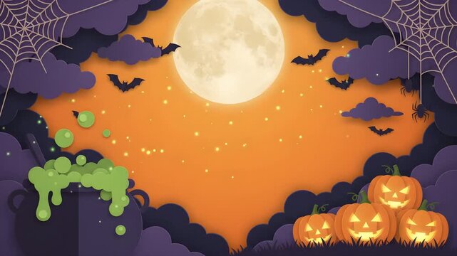 Happy Halloween banner or party invitation background with clouds, bats and pumpkins in paper cut style. Paper style illustration. Full moon in orange sky, spiders web 4k video resolution
