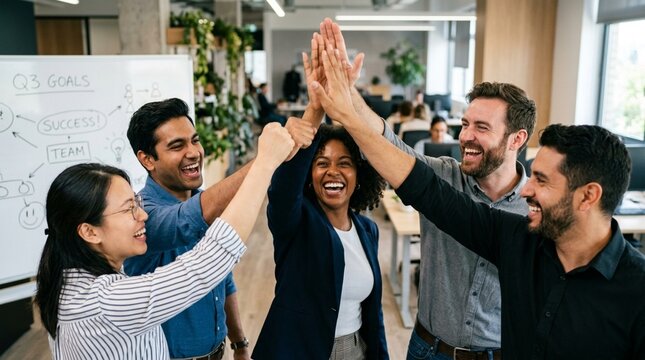 Diverse team celebrating success with high fives in modern office