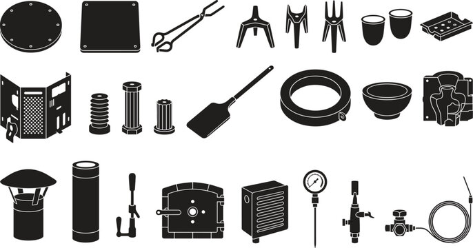 Black silhouette industrial metallurgy tools foundry equipment and metal casting parts set isolated on white background vector illustration
