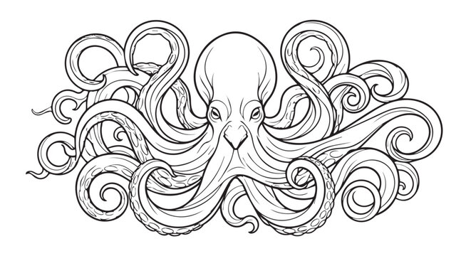 Black and white octopus vector illustration with detailed tentacles and line art style