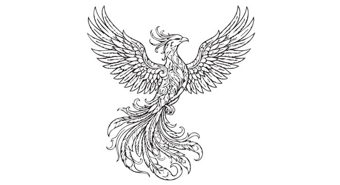Black and white majestic phoenix bird vector illustration with intricate feather patterns and wings spread