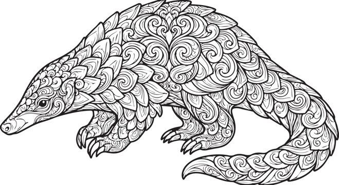 Detailed ornate pangolin vector illustration filled with intricate scales and floral swirls on a white background