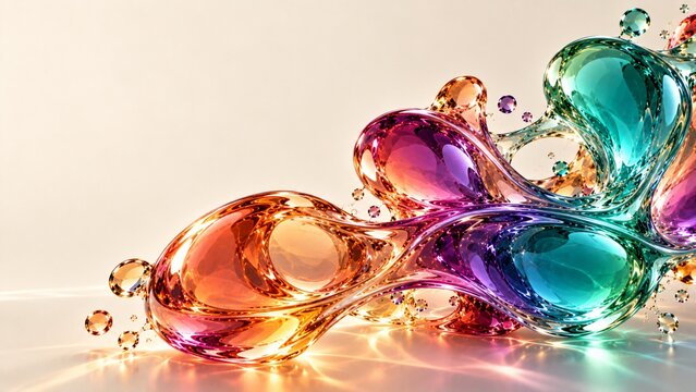 Photorealistic 3D elastic gel recoil sculpture copper violet teal gradient translucent compressed volume subsurface scattering warm cream background copy space upper left