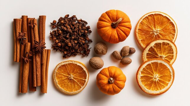 Orange slices and cinnamon sticks are organized in a flat lay composition against a clean white background.