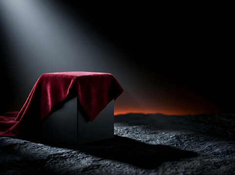 Dramatic spotlight illuminates a mysterious red velvet-draped pedestal on a dark, textured ground, hinting at a grand reveal or important presentation