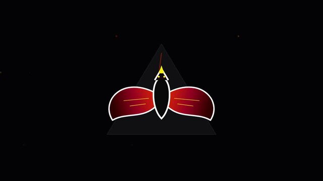 A vibrant red insect motif glows intensely as it rests atop a darkened triangular shape, showcasing a symbolic design that represents mysterious natural forces within this deep obsidian