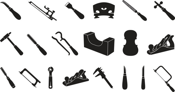 Comprehensive luthier tools silhouette collection depicting traditional stringed instrument woodworking hardware for making and repairing violins violas cellos and acoustic guitars vector