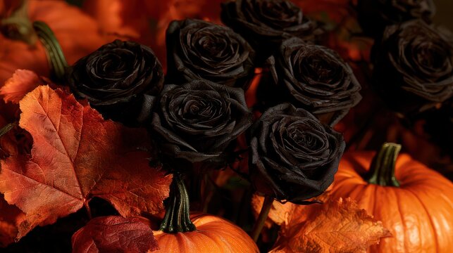 Black roses bloom among orange pumpkins and dry autumn leaves.