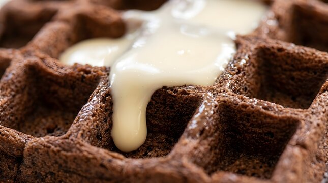 Chocolate waffle with creamy topping close up macro detail