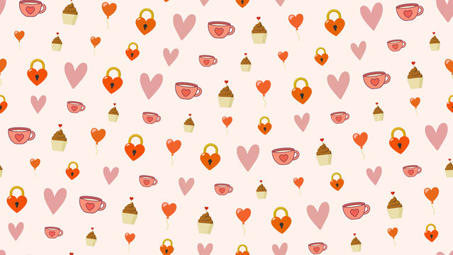 Seamless pattern of hearts, locks, cupcakes, and cups
