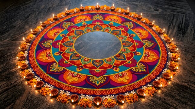 Diyas surrounding rangoli for Diwali