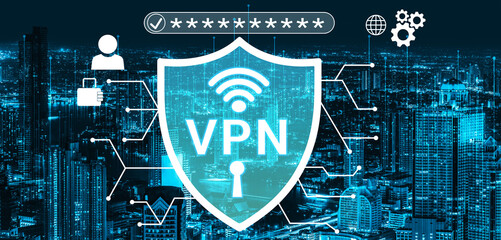 Fototapeta premium Digital security concept with VPN icon on city skyline background, illustrating cybersecurity, protection, and data privacy in modern technology environment Haptic.