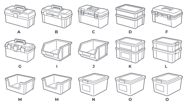 Plastic container and toolbox vector outline collection labeled set.