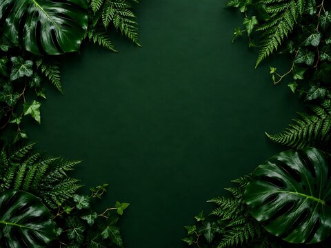 A dark green background, framed with lush, tropical leaves including, monstera and fern, fronds creating a, natural border with, deep shadows and, rich textures