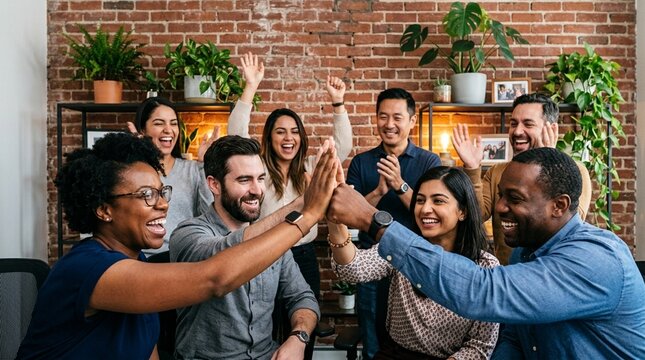 Diverse team celebrating success with high fives and smiles in modern office