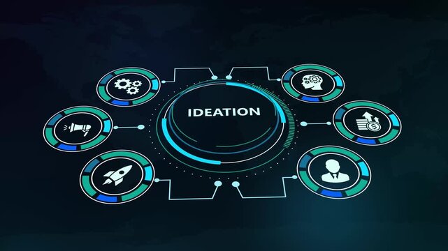 Abstract HUD technology user interface highlighting ideation business concept with brain icon and glowing network graphics