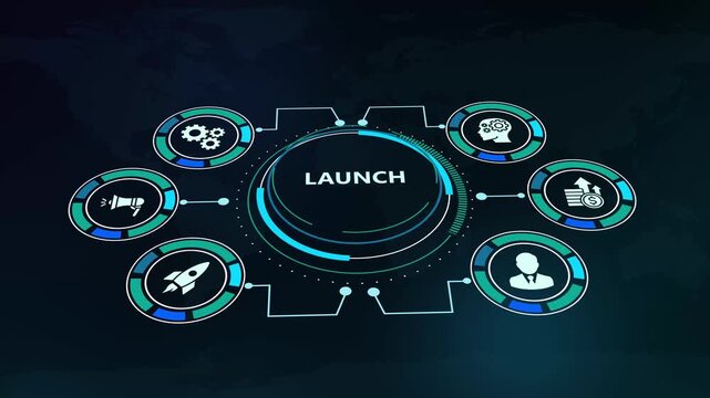 Futuristic HUD circular digital display showing business launch concept with rocket icon and corporate strategy symbols