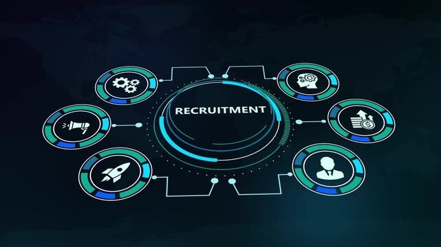 Futuristic HUD circular digital interface showing recruitment human resource concept with profile and strategy icons