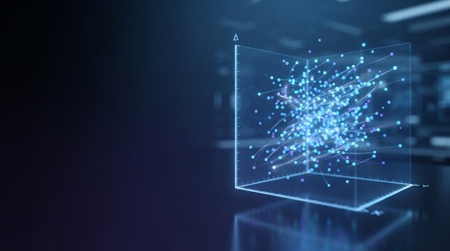 Transparent glass 3D scatter plot cube with glowing blue and purple data points and trend lines, data science concept with copy space