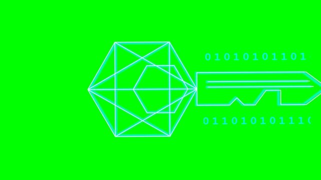 Digital cyber security key icon with binary code and geometric wireframe animation on green screen background