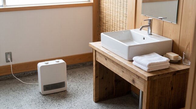 脱衣所の床に置いた白い小型ヒーター　寄りのアップ・明るい均一な室内光