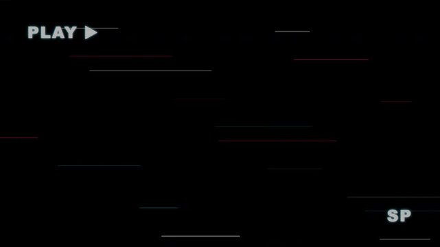 vhs glitch retro overlay screen with play icon and analog tape static distortion effect on dark display