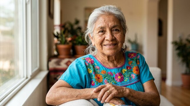 Smiling Elderly Woman Portrait, Traditional Mexican Embroidery