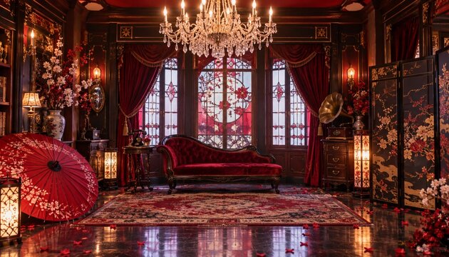 Opulent Japanese inspired red interior with velvet sofa and parasol
