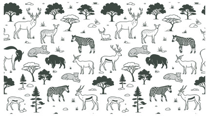 Obraz premium Wildlife animal outline seamless pattern with savannah landscape.