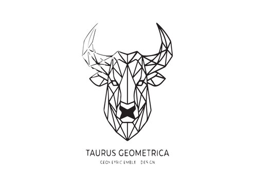 Minimalist geometric line art vector emblem of a bull or taurus head with "TAURUS GEOMETRICA" typography on a textured paper background