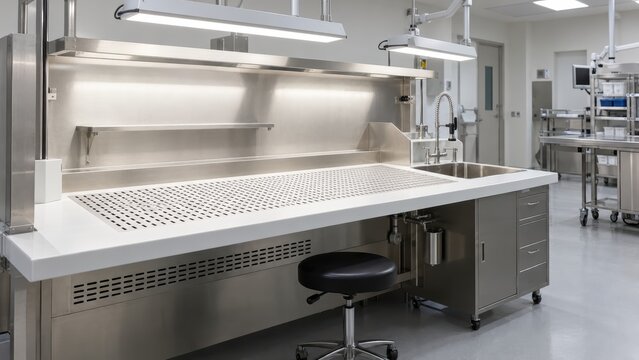 Modern stainless steel necropsy table and laboratory equipment for clinical medical research environments and facilities