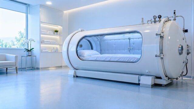 Hyperbaric oxygen therapy chamber in modern clinical recovery center facility modern medical hyperbaric oxygen therapy chamber for patient recovery treatment