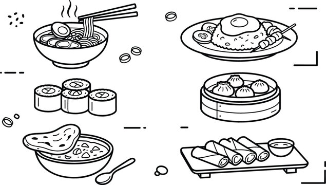 Asian food line icon vector set with ramen sushi curry dim sum fried rice