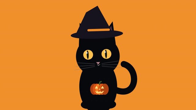 Halloween black cat animation loop with witch hats and pumpkins