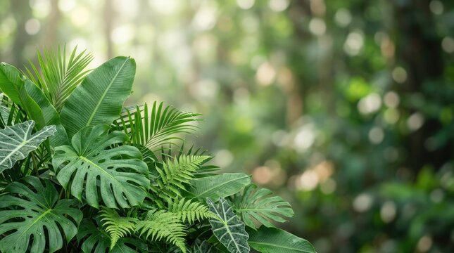 A lush green foliage arrangement dominates the foreground, featuring vibrant tropical leaves, including monstera and philodendron varieties.