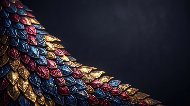 A close-up shot of a dragon's scale, showcasing intricate golden, red, and blue patterns. The scales are textured and appear metallic, reflecting light with a shimmering effect.