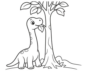 Cute cartoon dinosaur eating a tree leaf coloring page for kids. © ArifulIslam