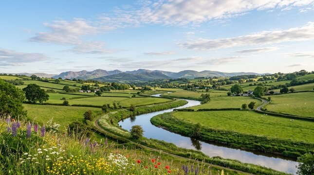 A meandering river flows through a lush, green valley. Rolling hills covered in vibrant wildflowers and grazing livestock flank the riverbanks.