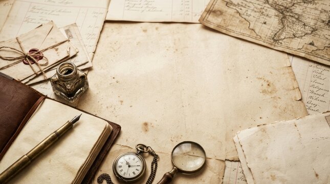 An aged, parchment-like surface displays a collection of antique items.